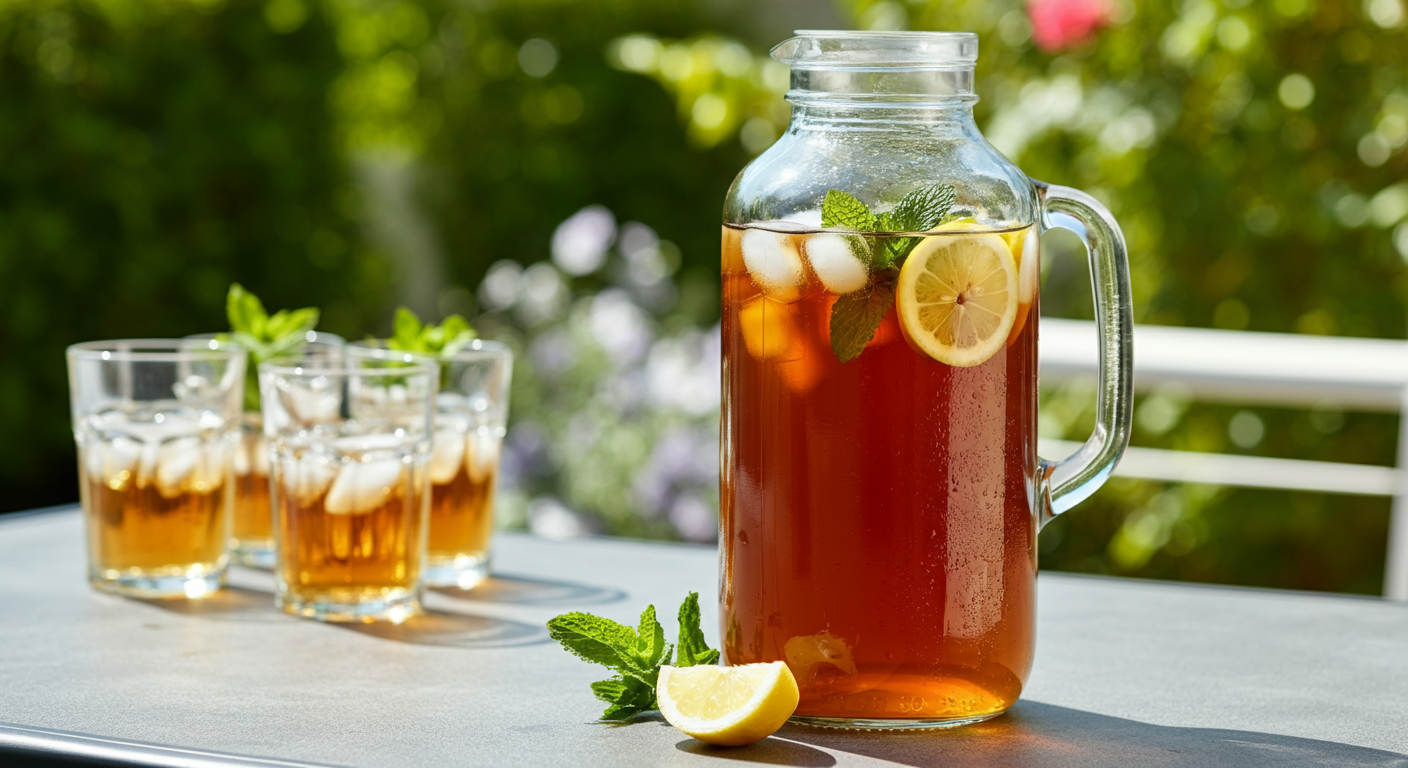 A large glass jug of iced tea with ice, lemon slices, and mint