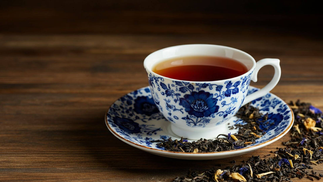 An earl grey tea in a teacup on a saucer with a scattered dried earl grey tea leaves.