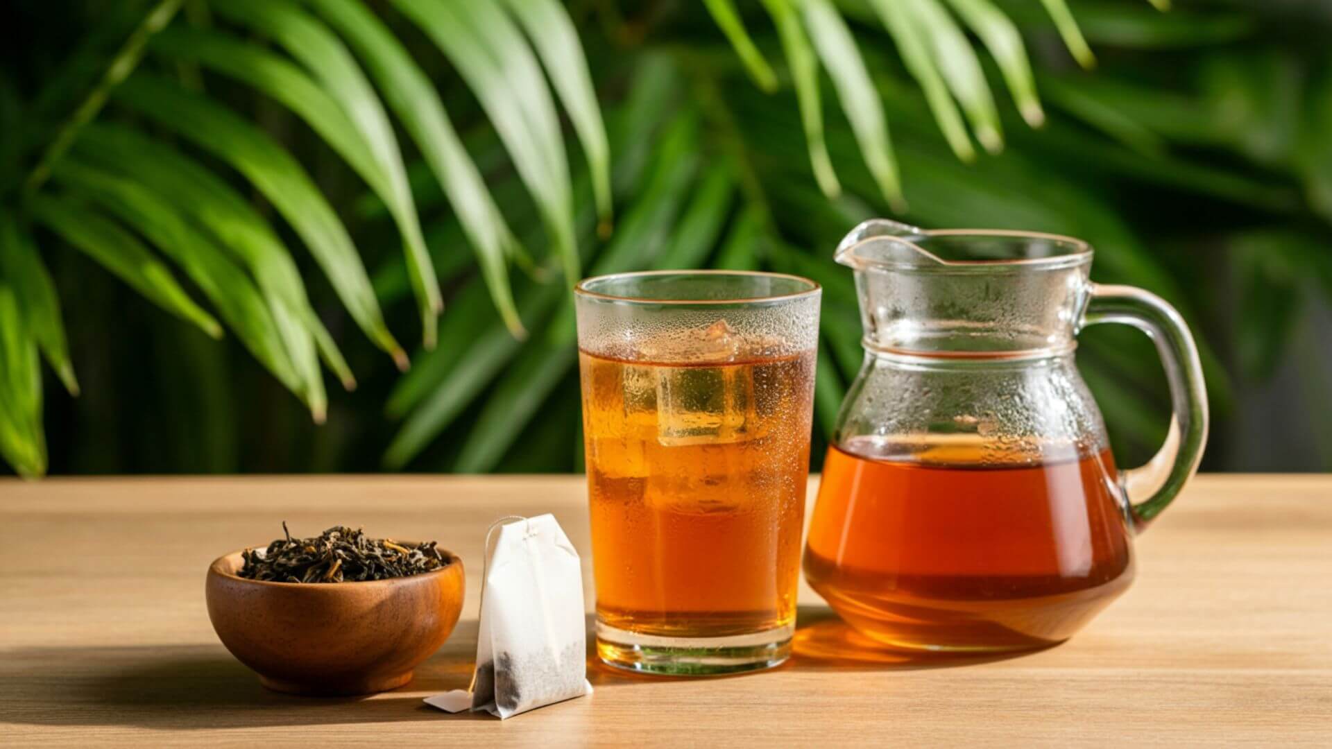 Teabag and loose leaf tea in a bowl with a glass of iced tea and a pitcher