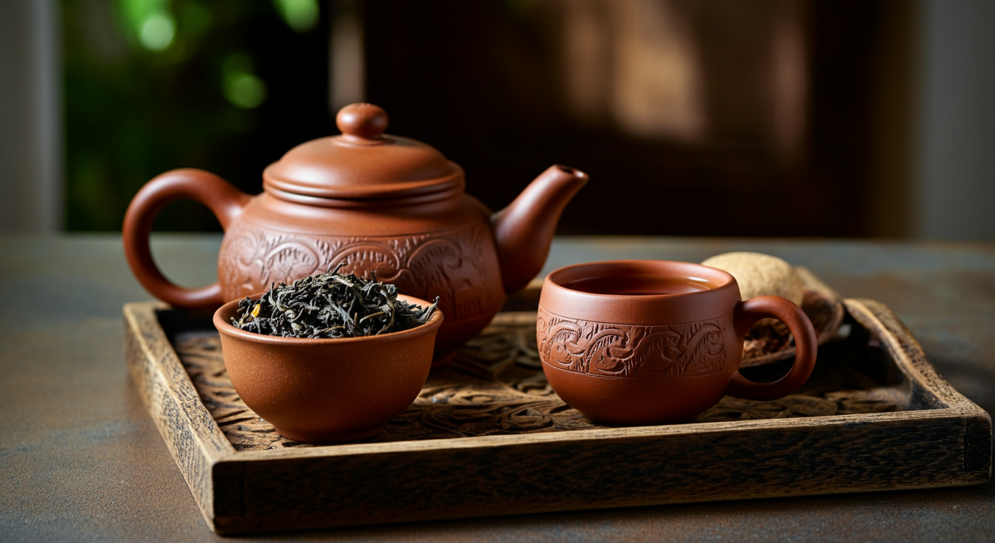 A rustic tea setup featuring a clay teapot and cup with ornate engravings, accompanied by a bowl of loose tea leaves.