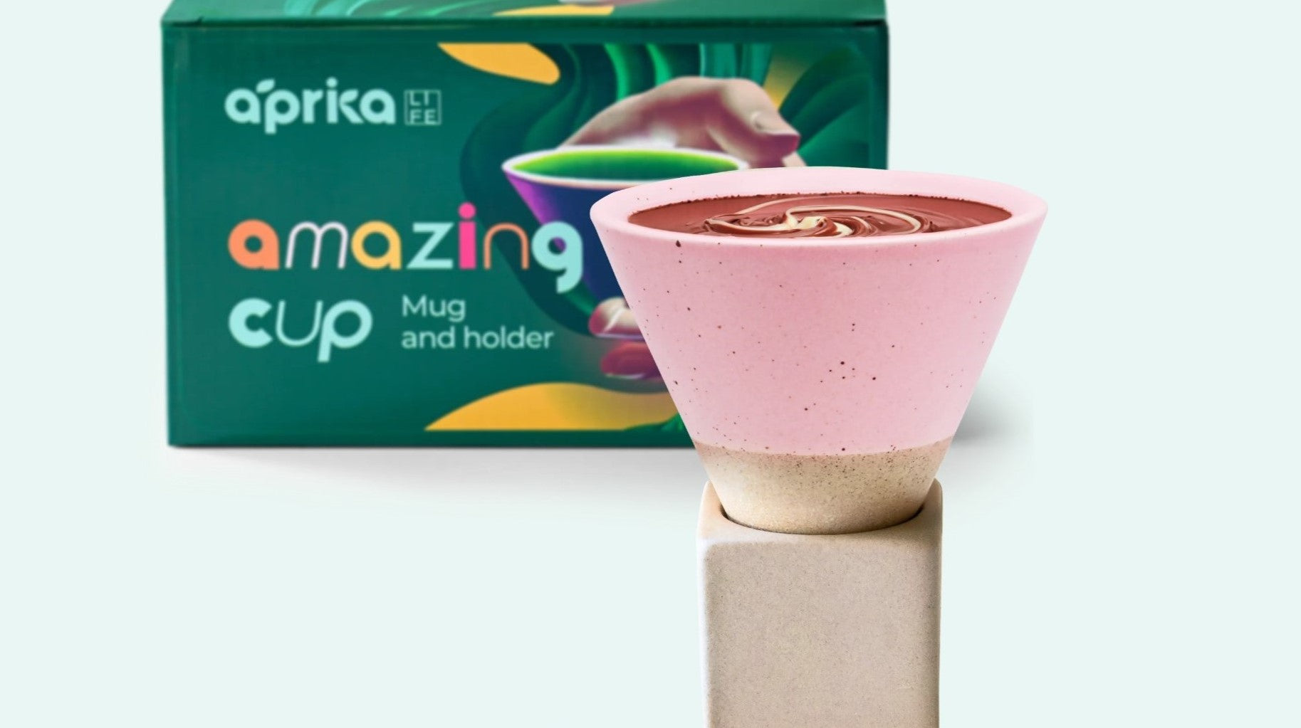 Pink ceramic coffee mug with matching base from Aprika Life teaware, minimal and modern design.