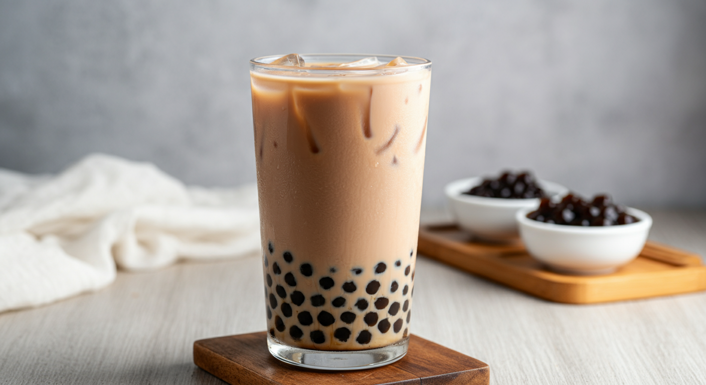 Glass of boba tea with black tapioca pearls at the bottom on a wooden surface.