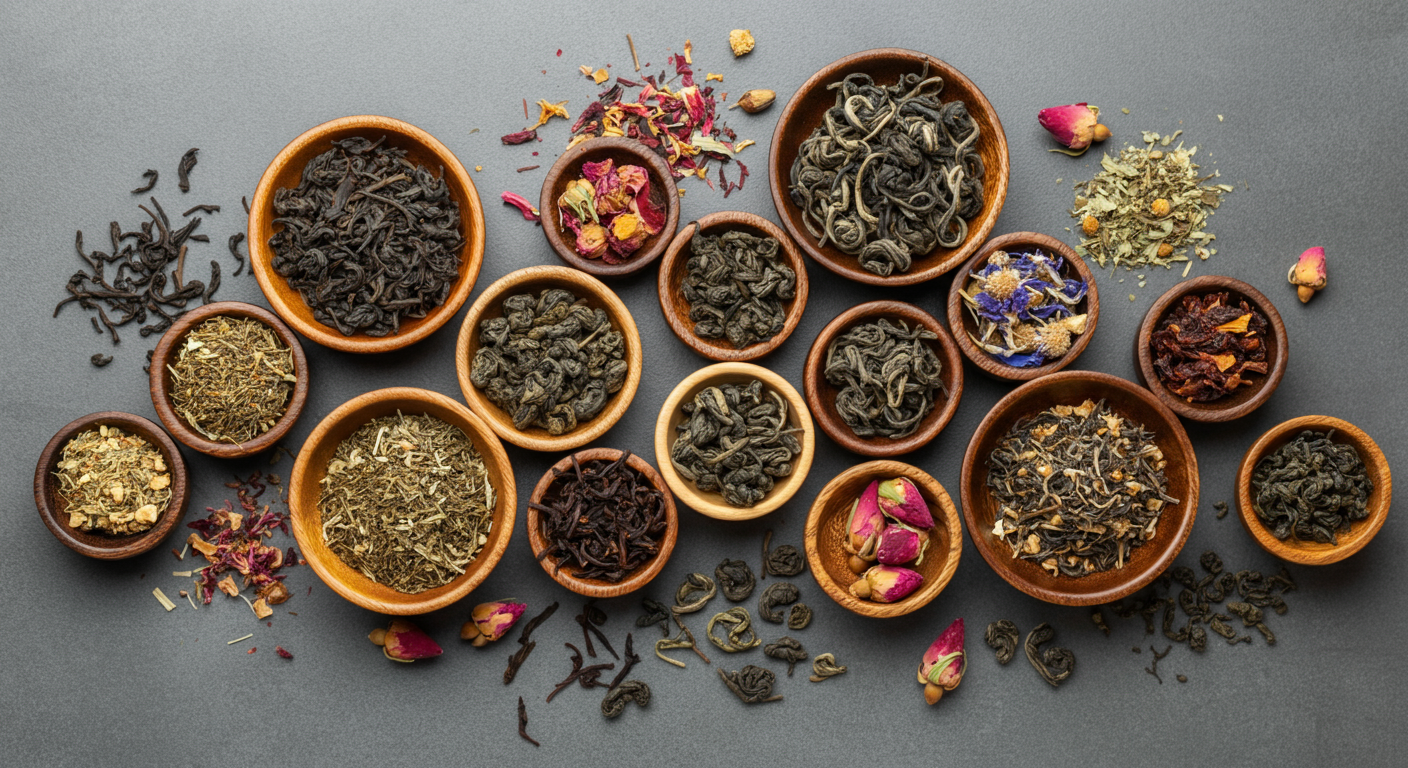 Overhead view of wooden bowls containing dried green tea, black tea, oolong, rooibos, and herbal tea leaves on a gray surface, showcasing textures and earthy tones.
