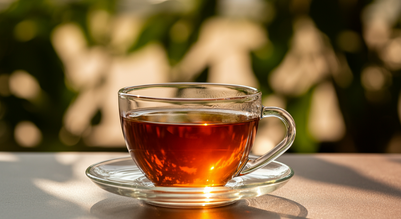 Clear glass teacup of amber tea on a saucer, catching warm sunlight with glowing reflections, set against a softly blurred natural background with leaves.