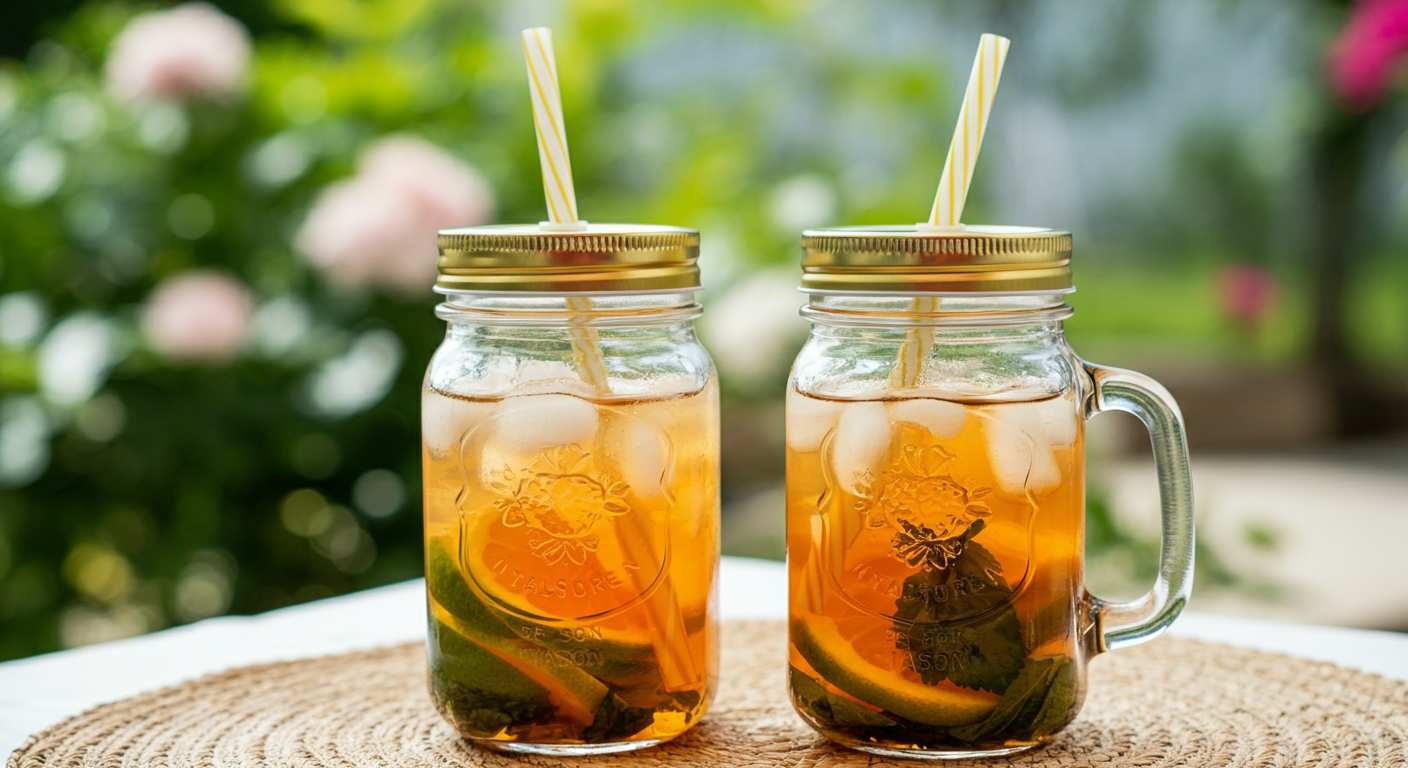 Two mason jar glasses filled with a refreshing tea drink sit on a woven placemat.