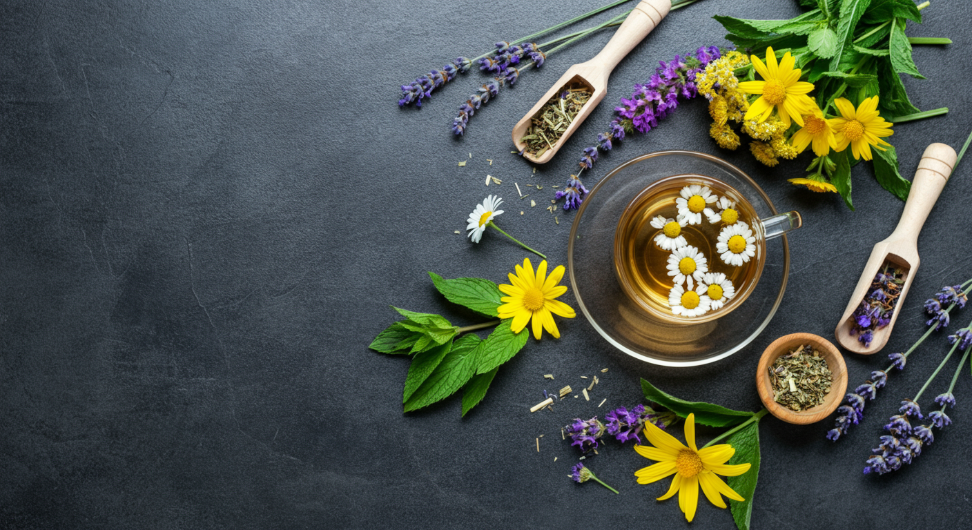 A glass teapot and cup filled with herbal tea are set on a dark slate surface.