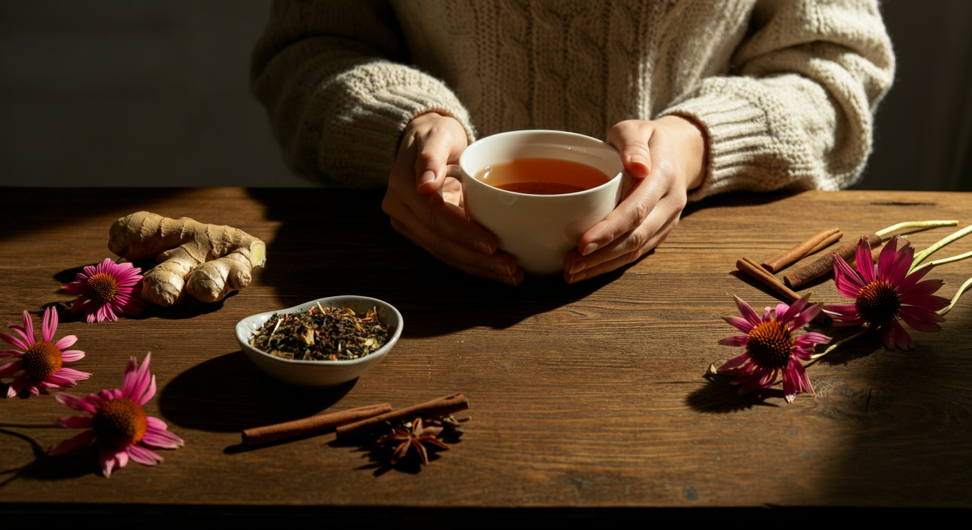 A warm, inviting scene of a person sitting at a rustic wooden table, gently holding a cup of amber-colored herbal tea with both hands.