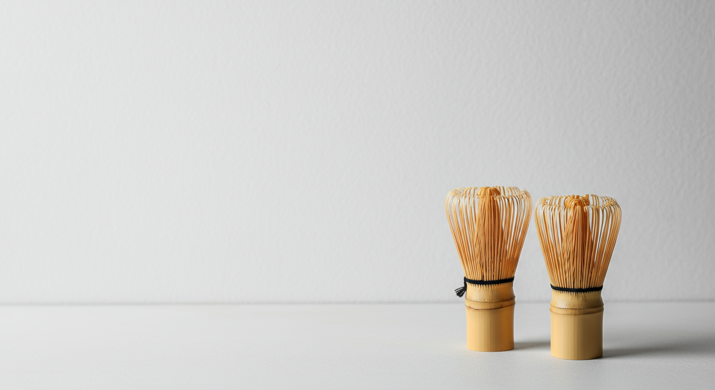bamboo tea whisks stand upright on a clean, white surface.