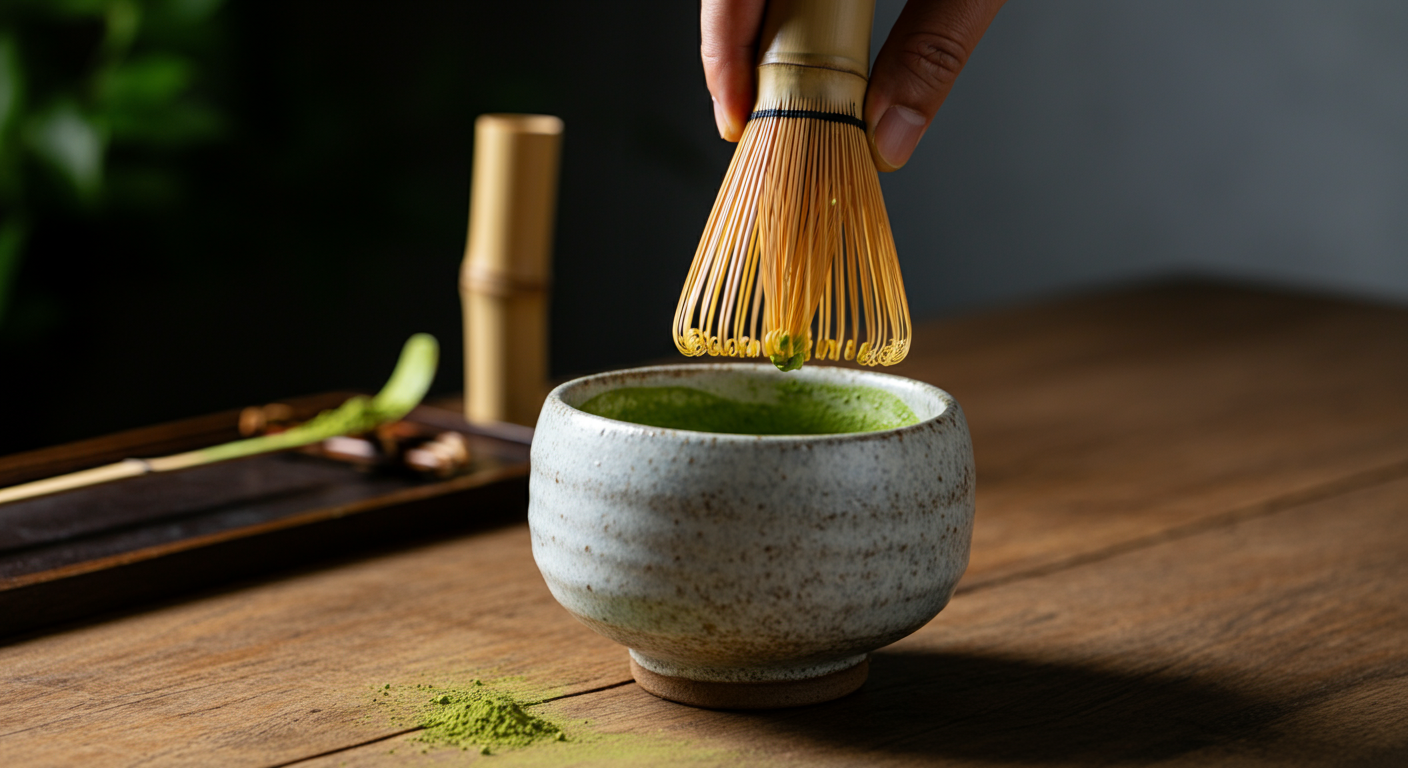 a hand whisking green matcha in a white, speckled ceramic matcha bowl.