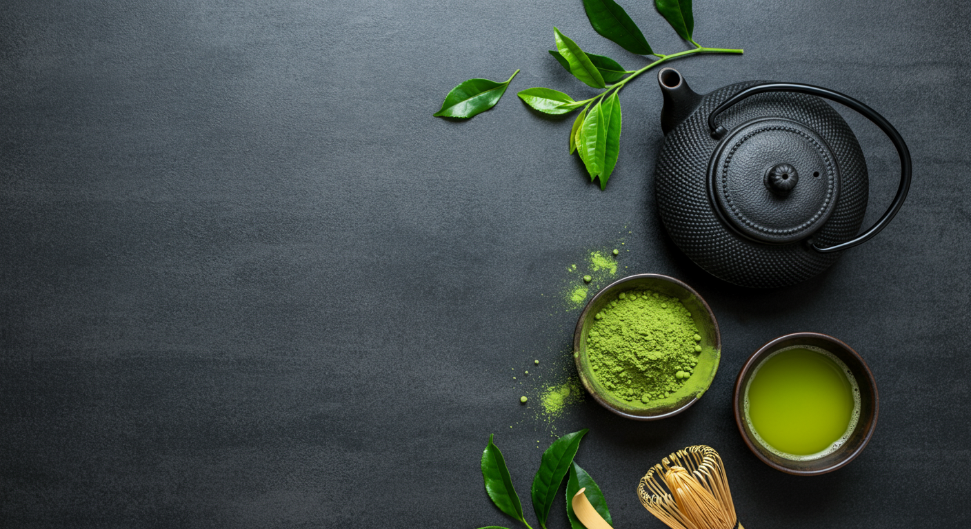 Matcha tea set featuring a bamboo whisk, scoop, and a bowl of vibrant green matcha powder, arranged neatly on a dark surface.