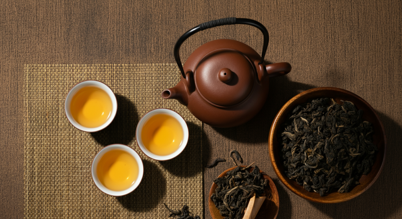Cup of freshly brewed oolong tea with a warm amber hue, served beside loose oolong tea leaves on a wooden surface.