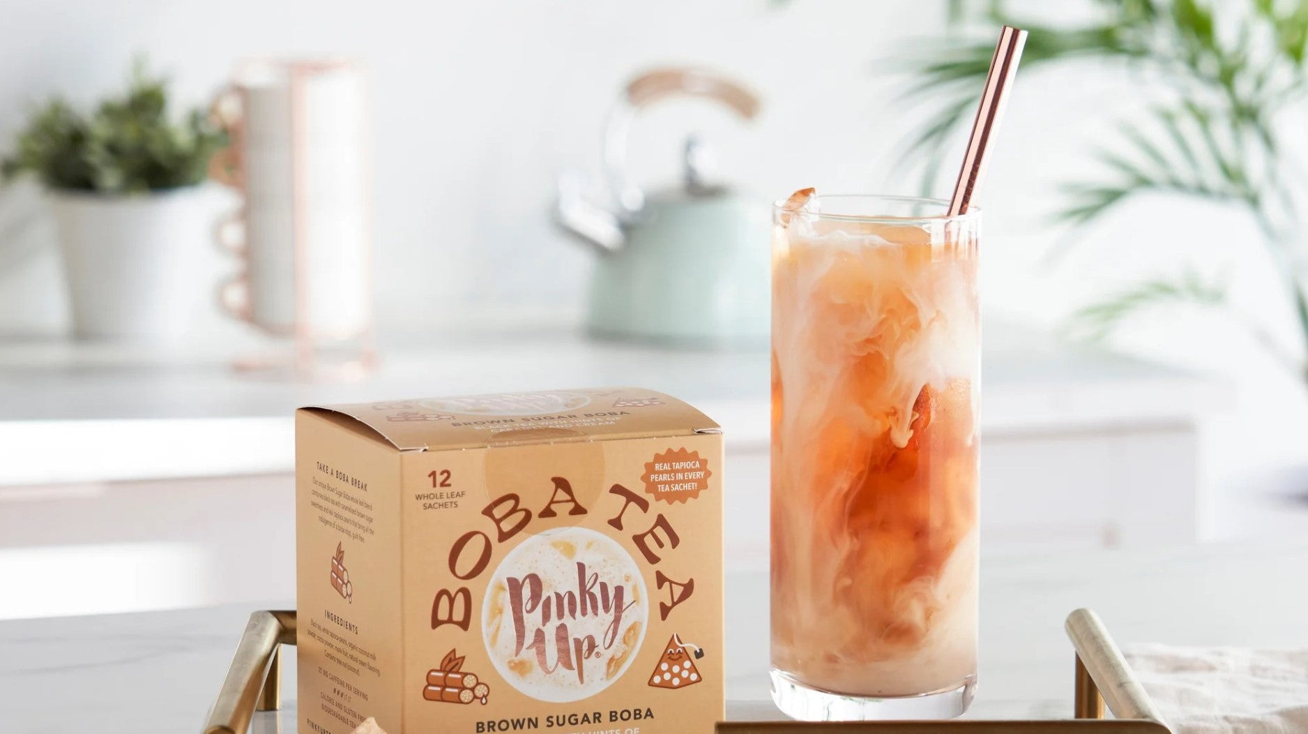 Pink up calorie-free Brown Sugar Boba tea combines premium whole leaf black tea with authentic tapioca pearls, enhanced by the rich flavors of coconut and cocoa.