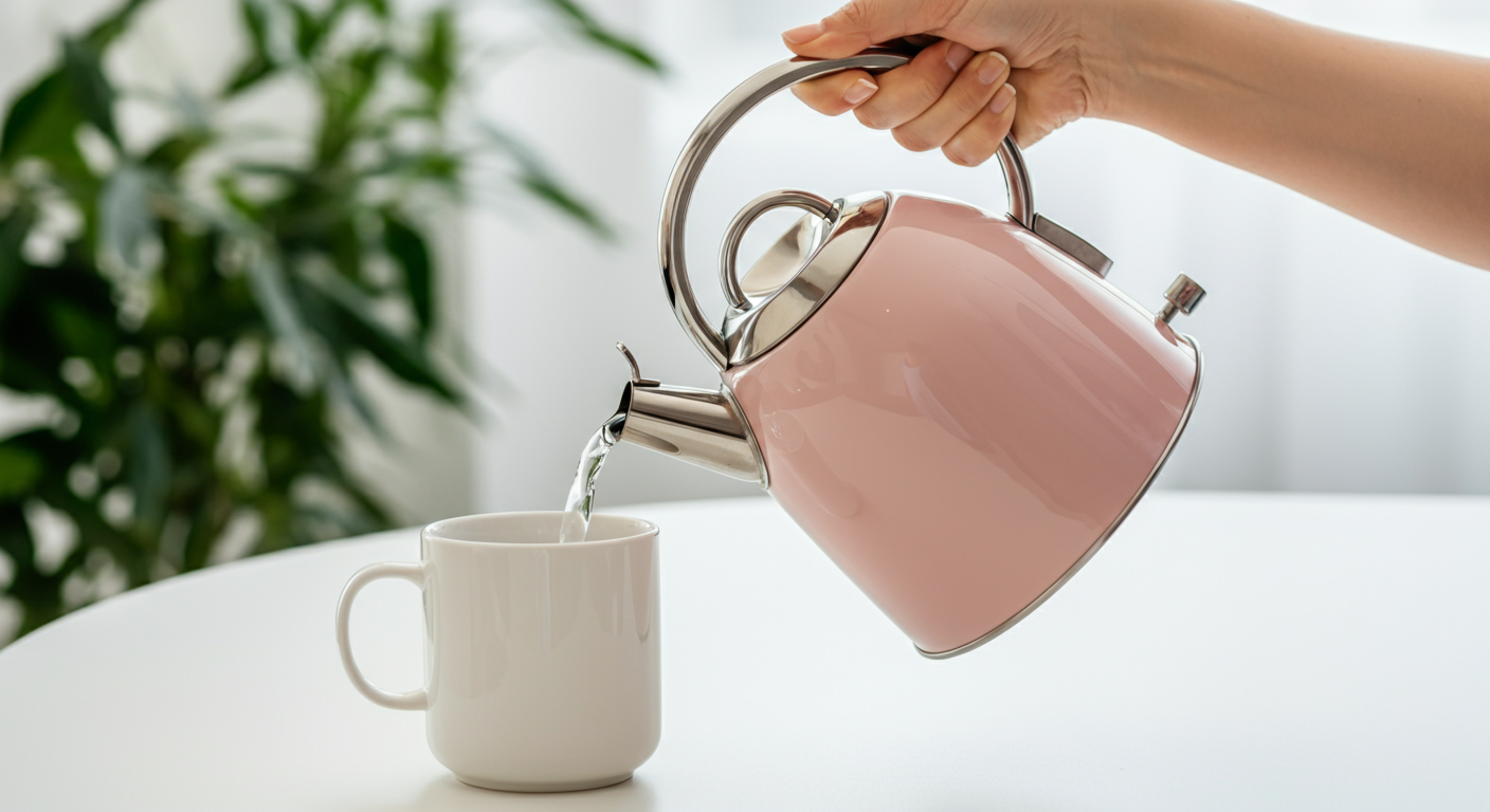 Tea is pouring from a shiny pink kettle into a transparent double-walled glass cup