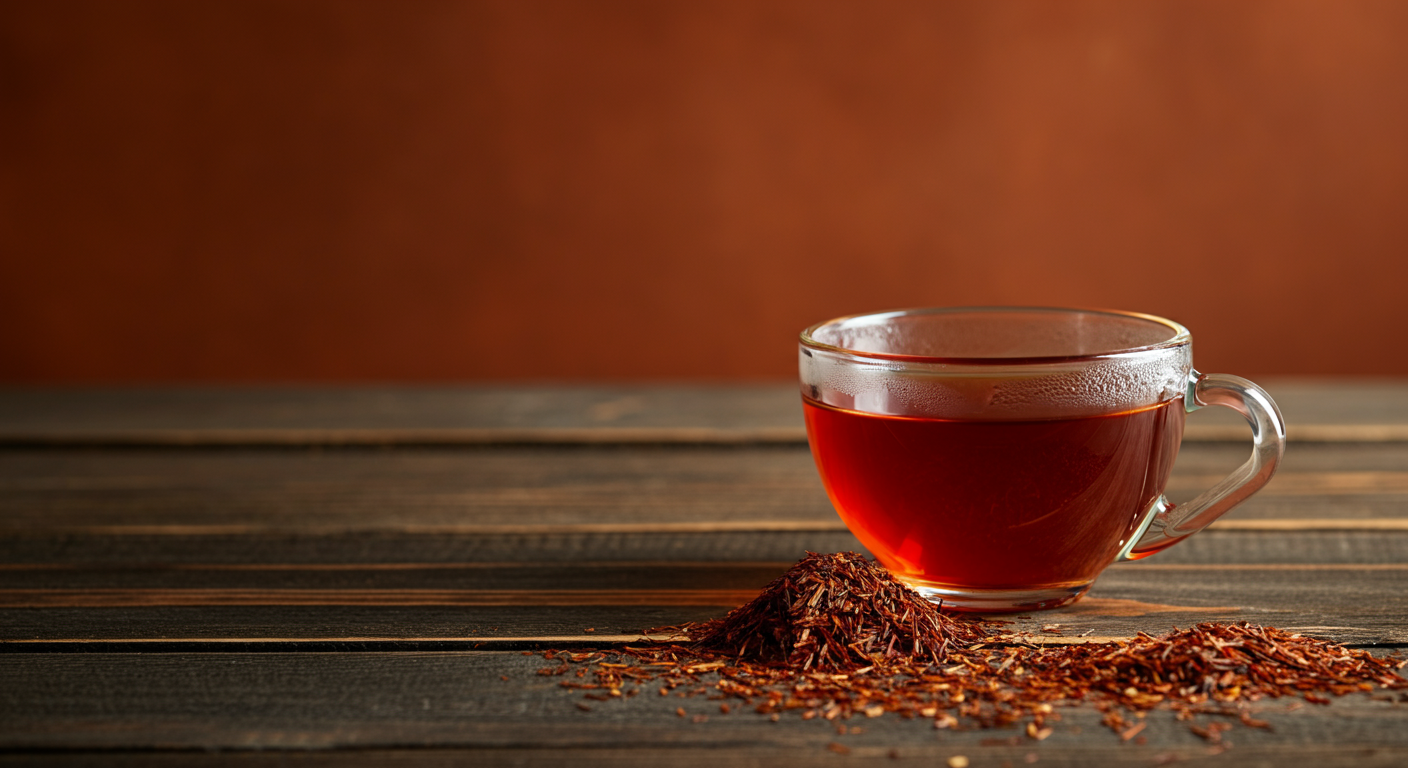 freshly brewed rooibos tea with a rich reddish-brown hue, served in a simple glass or ceramic cup placed on a wooden surface
