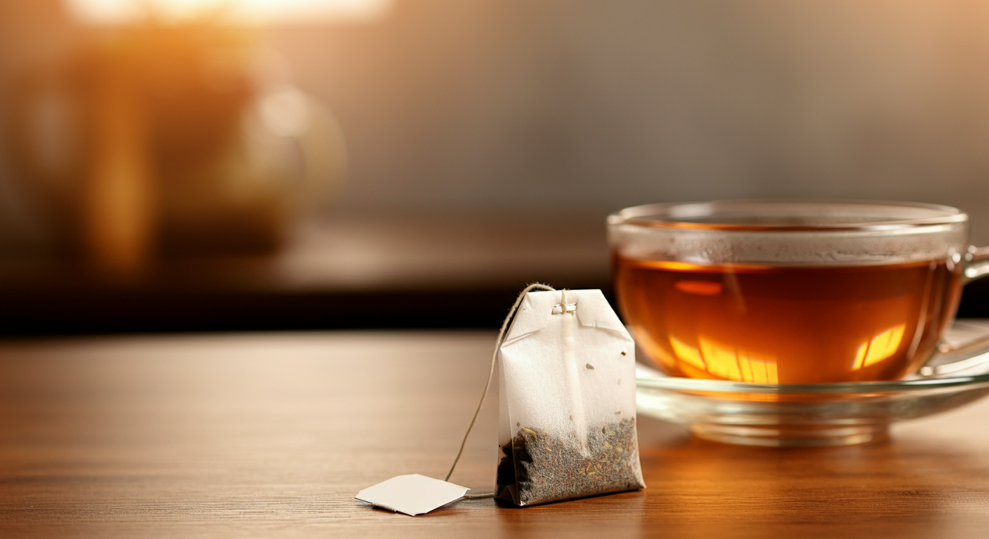tea bag on a wooden surface with a clear glass cup filled with clear amber tea