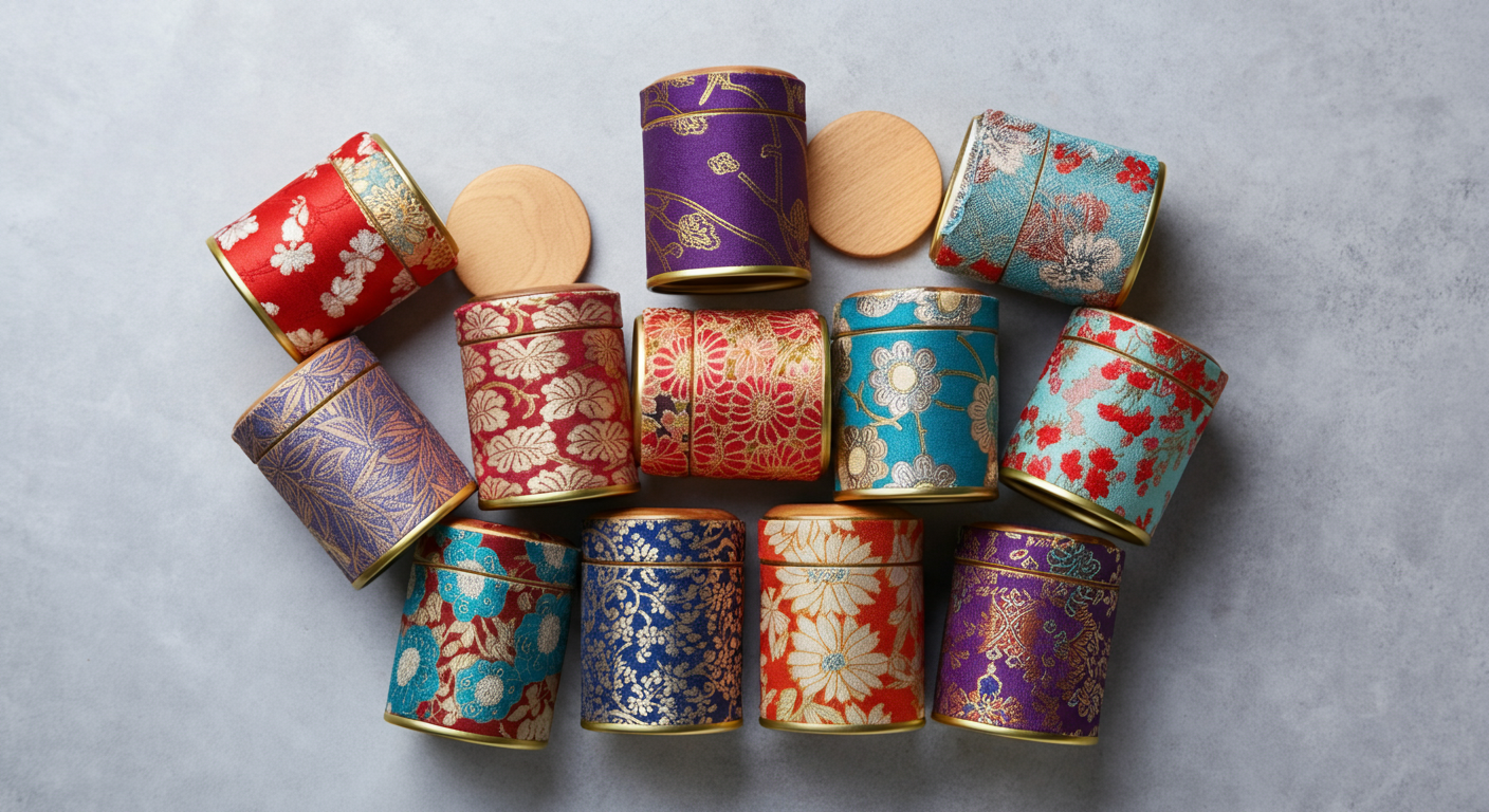 A collection of cylindrical tea canisters, each adorned with vibrant, intricate patterns.