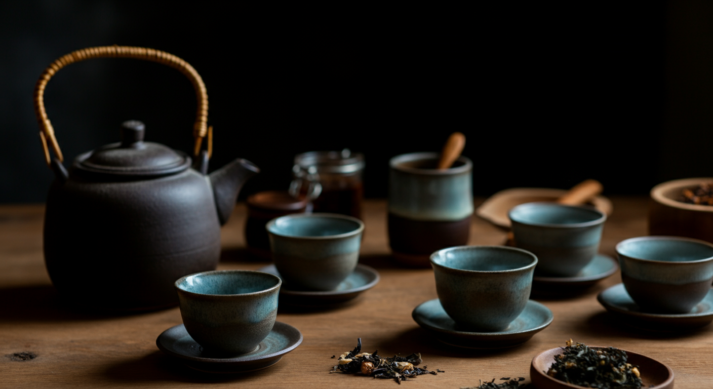 A series of ceramic teacups with matching saucers are neatly arranged on a wooden table, accompanied by a rustic teapot.