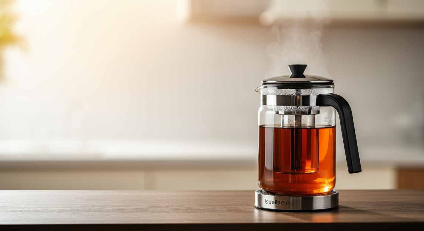 A stylish glass and stainless steel tea maker