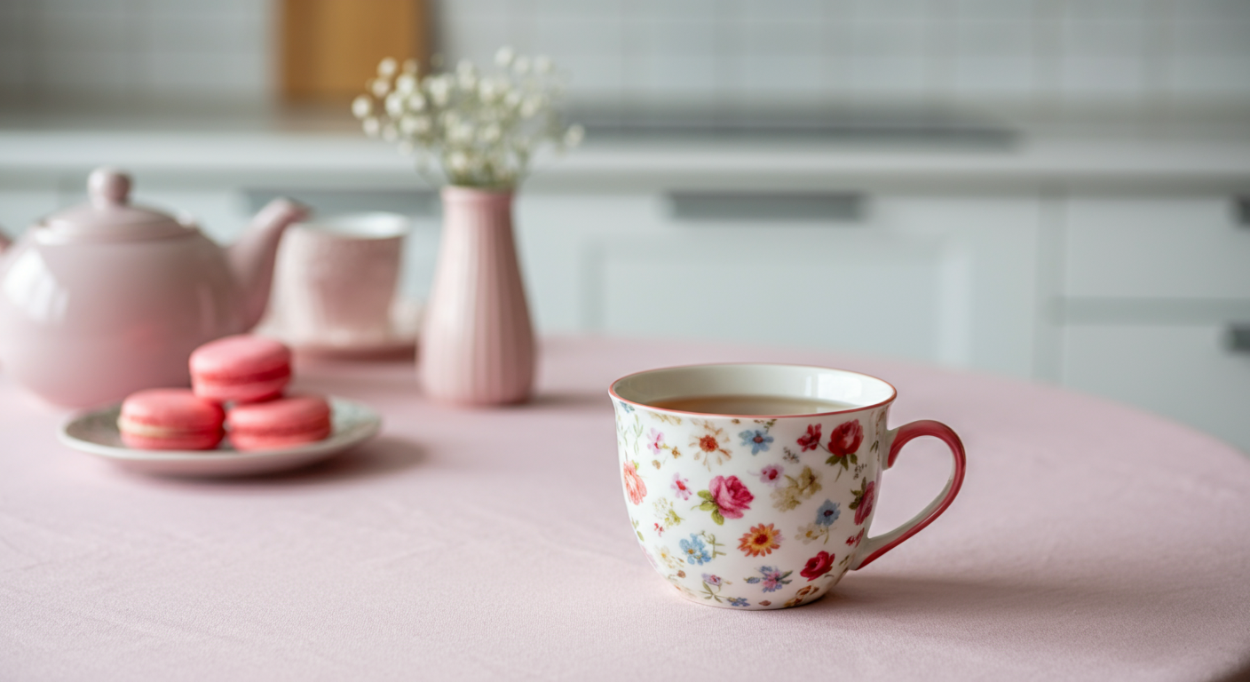 A floral-patterned mug filled with a hot tea sits on a pink tablecloth in a cozy kitchen.