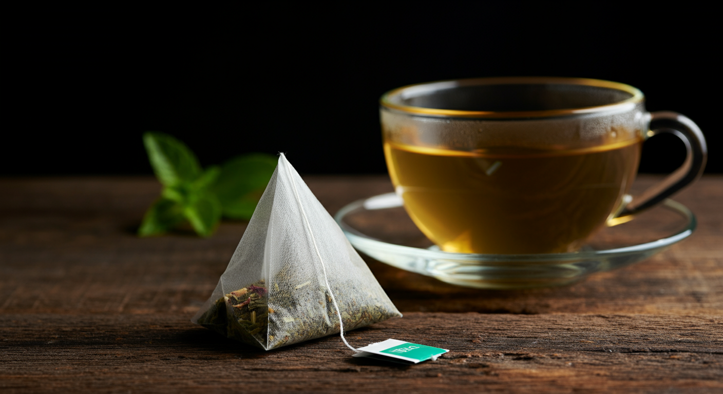 a triangular tea bag resting on a rustic wooden surface. The tea bag is semi-transparent, revealing a mix of dried herbs and leaves inside.