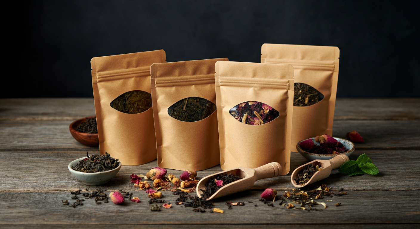 Tea samplers consisting of Loose leaf teas in kraft pouches with bowls and scoops on a rustic wooden table.