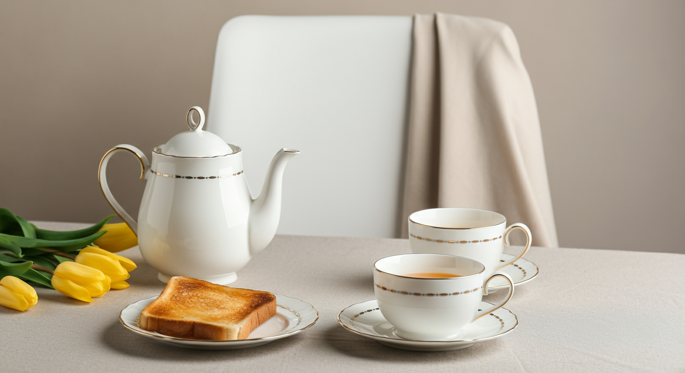 A white tea set with gold accents is elegantly arranged on a light beige tablecloth.