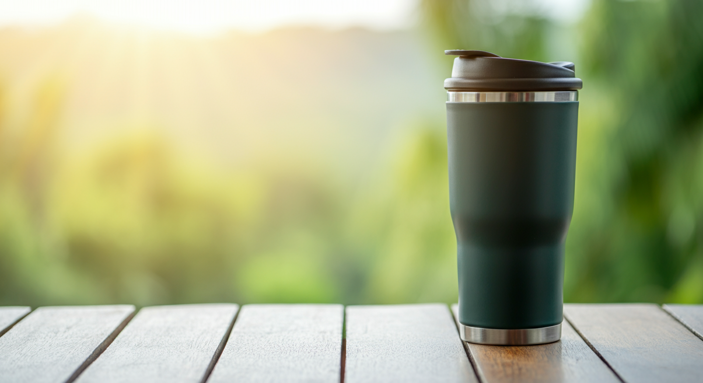 A stylish tea travel mug sitting on a wooden surface