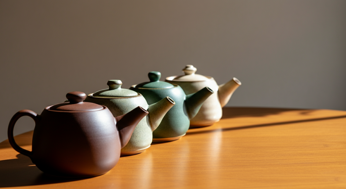 Three ceramic teapots sit in a row on a smooth, wooden surface.