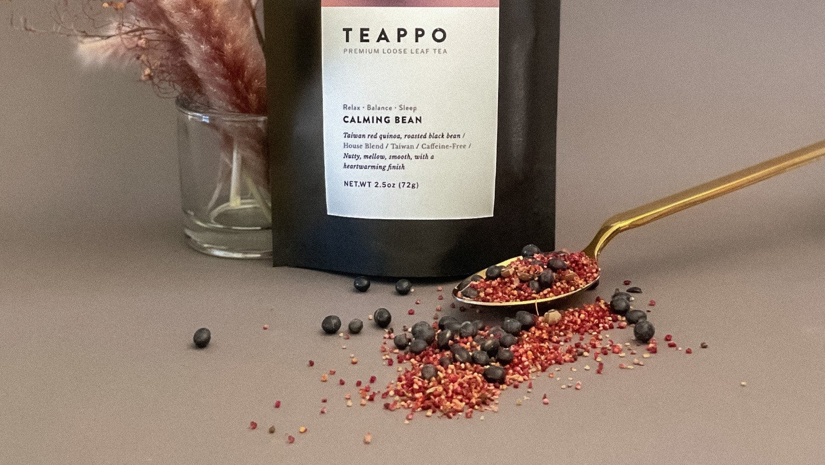 Teappo's Calming Bean is a caffeine-free herbal infusion carefully designed to encourage restful sleep and tranquility