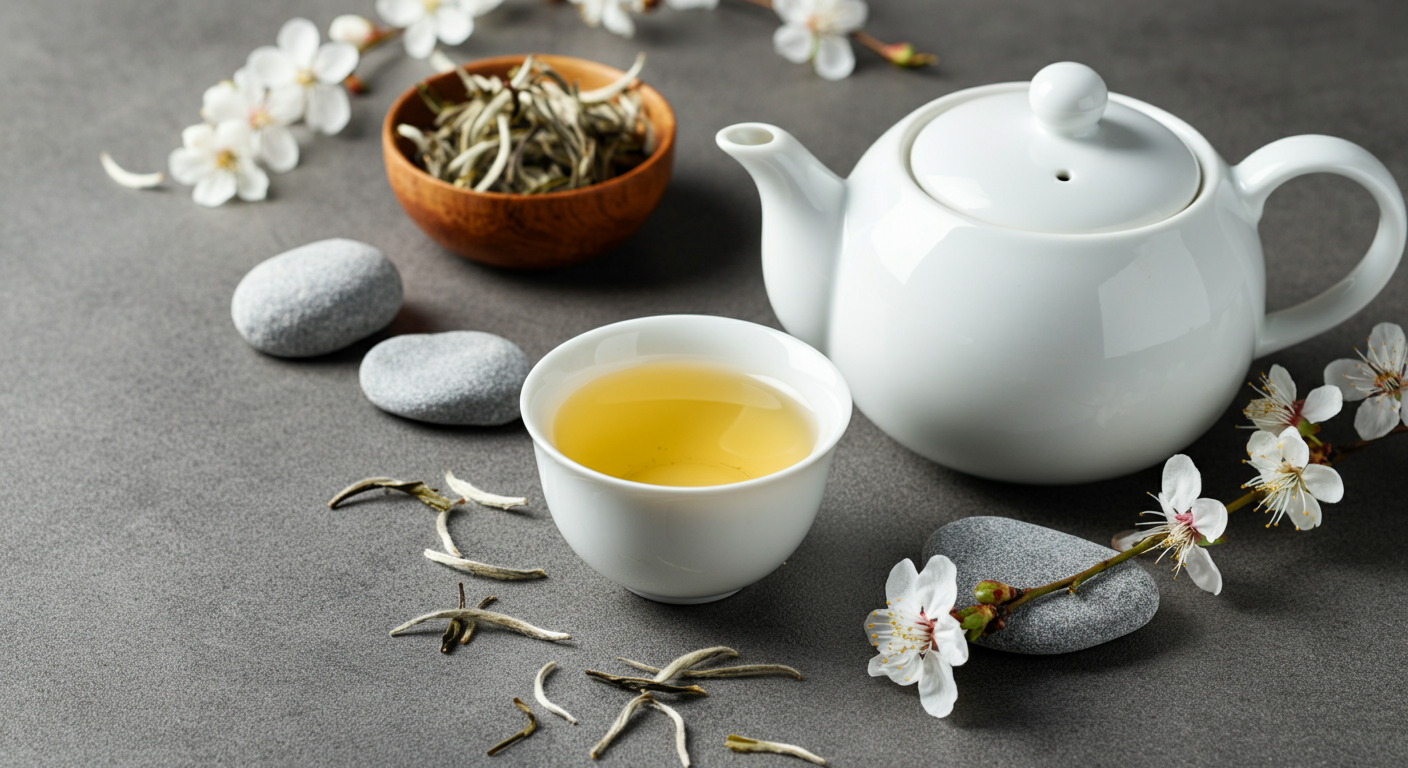White porcelain teapot and teacup filled with light golden tea, surrounded by white cherry blossoms and smooth gray stones on a gray surface.