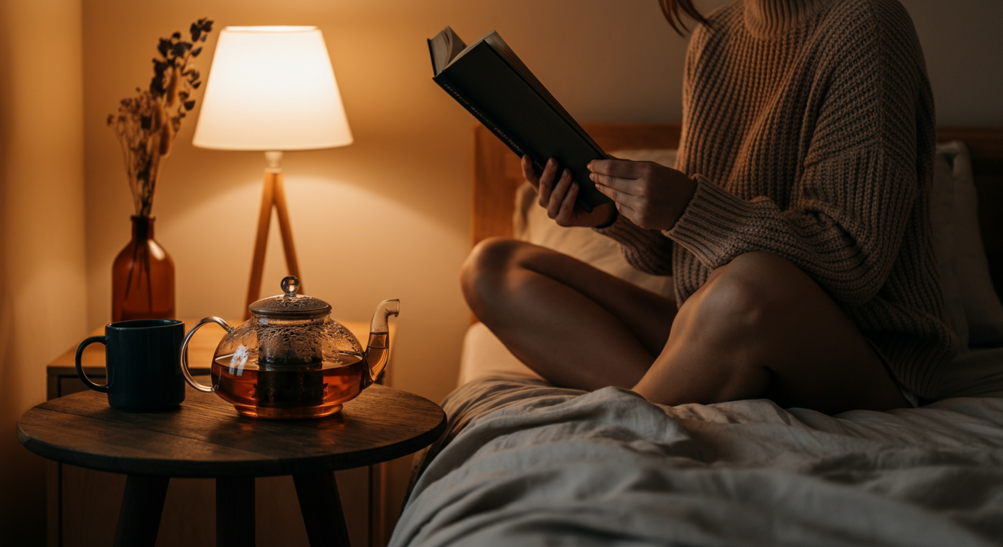 A woman in a cozy knit sweater sits cross-legged on a bed, reading a book while drinking tea