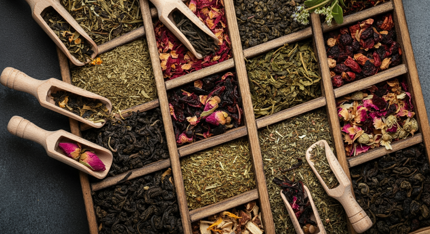A collection of various dried tea leaves and herbs is displayed in a compartmentalized wooden tray.