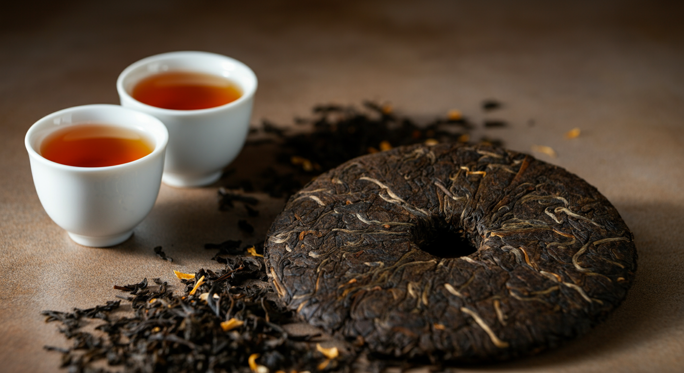 two white ceramic cups filled with Pu-erh tea. Beside them lies a large, textured disc of dark fermented tea leaves.