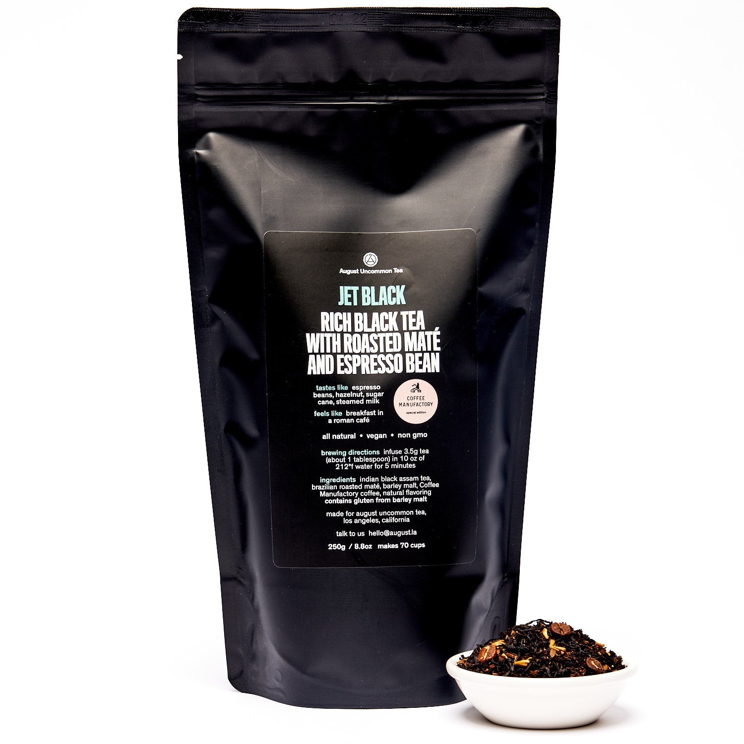 August Jet Black - Roasty Coffee Black Tea in a 70 cup bag, featuring a black and white design, by vendor August.