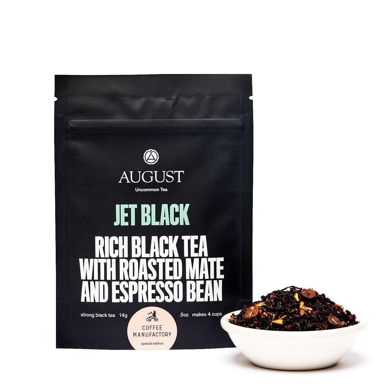 August Jet Black - Roasty Coffee Black Tea displayed in a cup, showcasing its dark color and rich texture.