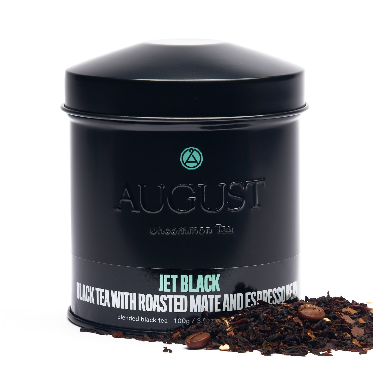 August Jet Black - Roasty Coffee Black Tea in a wide tin with tea leaves displayed, by August