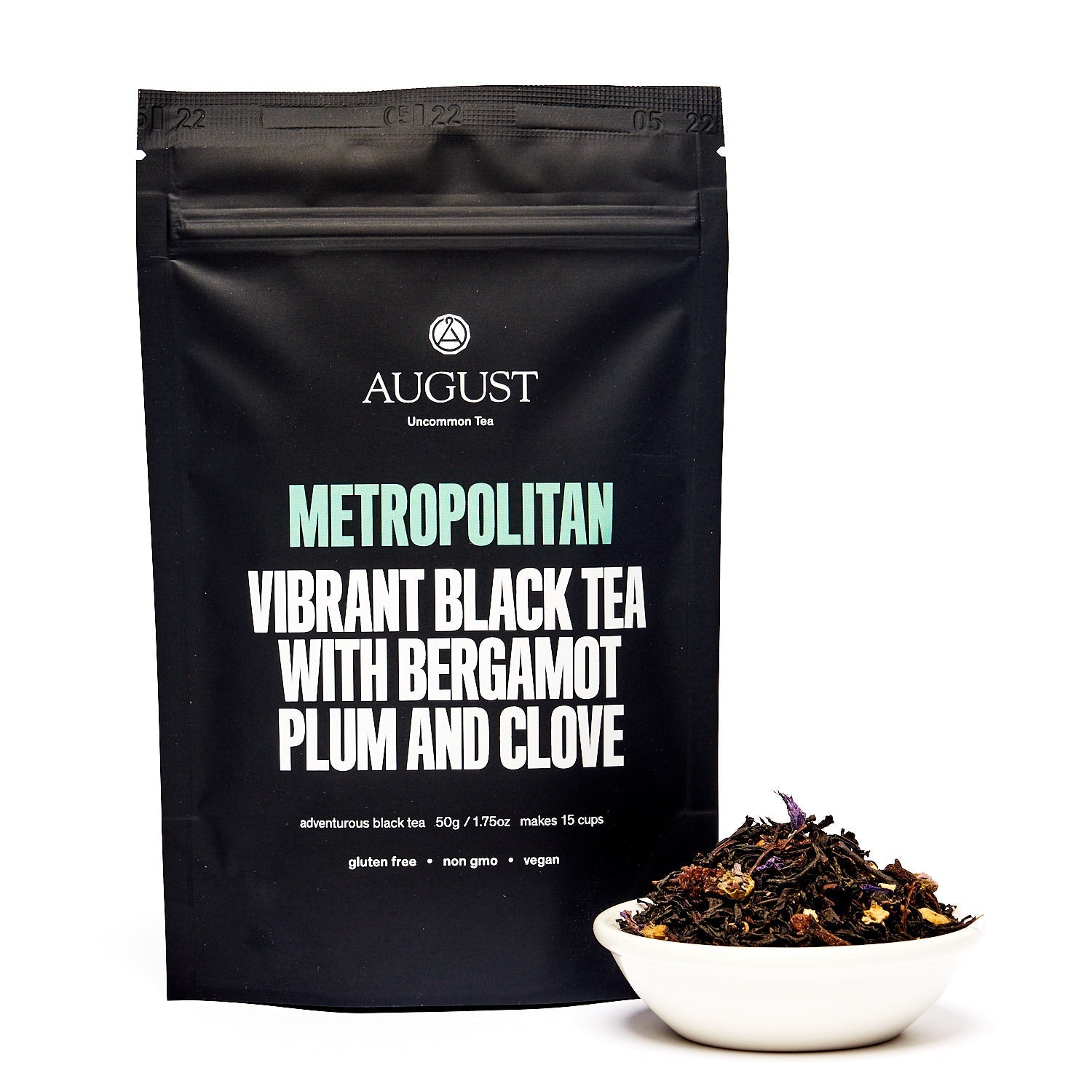 August Metropolitan - Bergamot Plum Earl Grey Black Tea in a 15-cup bag, packaged by August