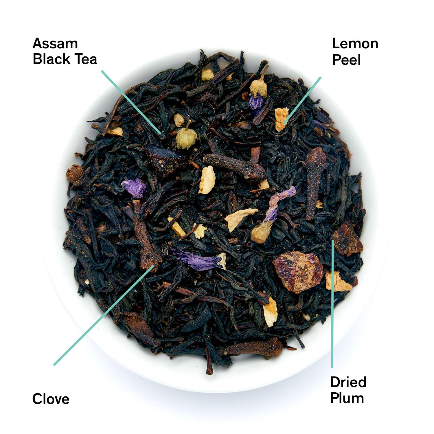August Metropolitan - Bergamot Plum Earl Grey Black Tea leaves displayed in a photo, showcasing the blend's complex ingredients.