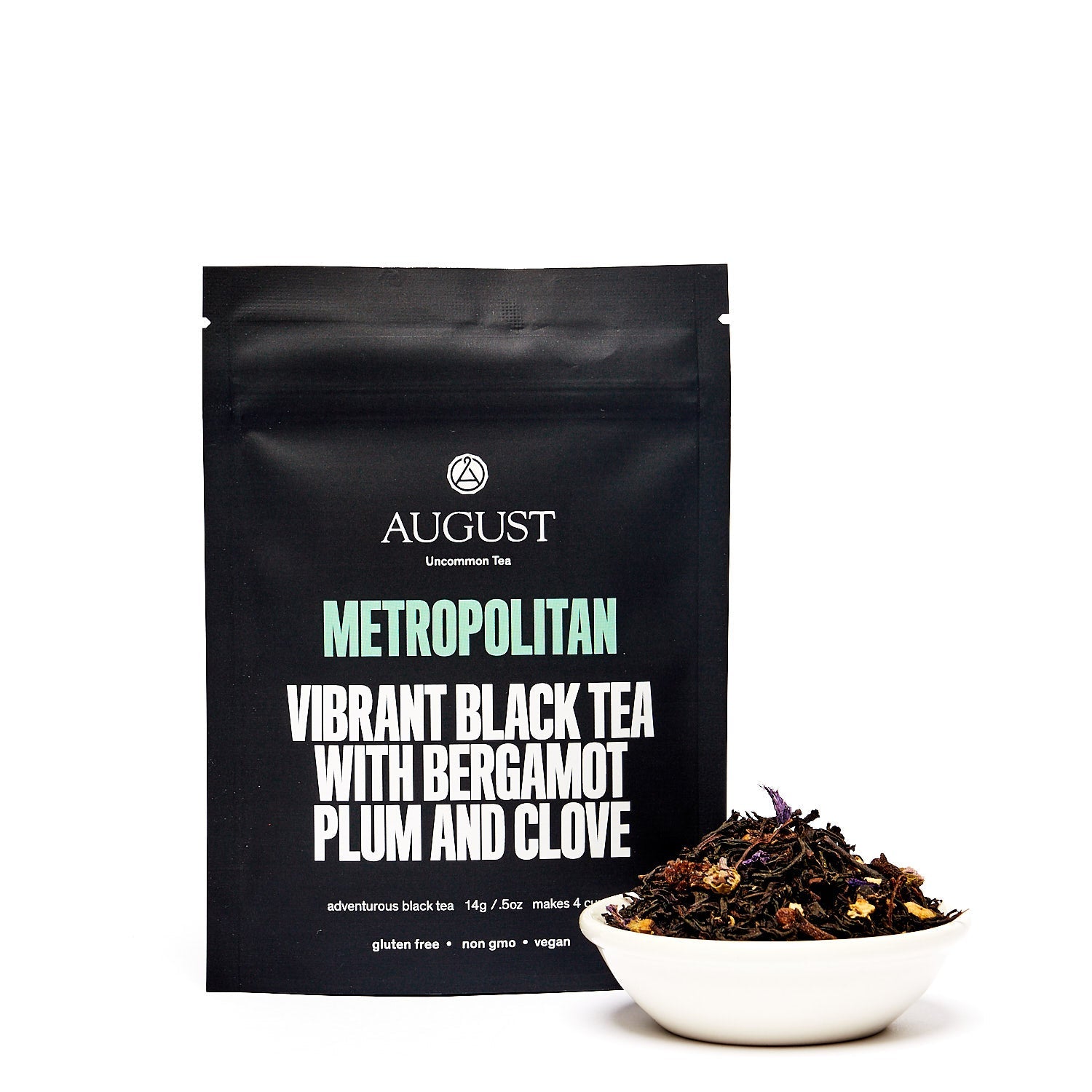 August Metropolitan - Bergamot Plum Earl Grey Black Tea in four cups, showcasing brewed tea with rich plum and bergamot notes.