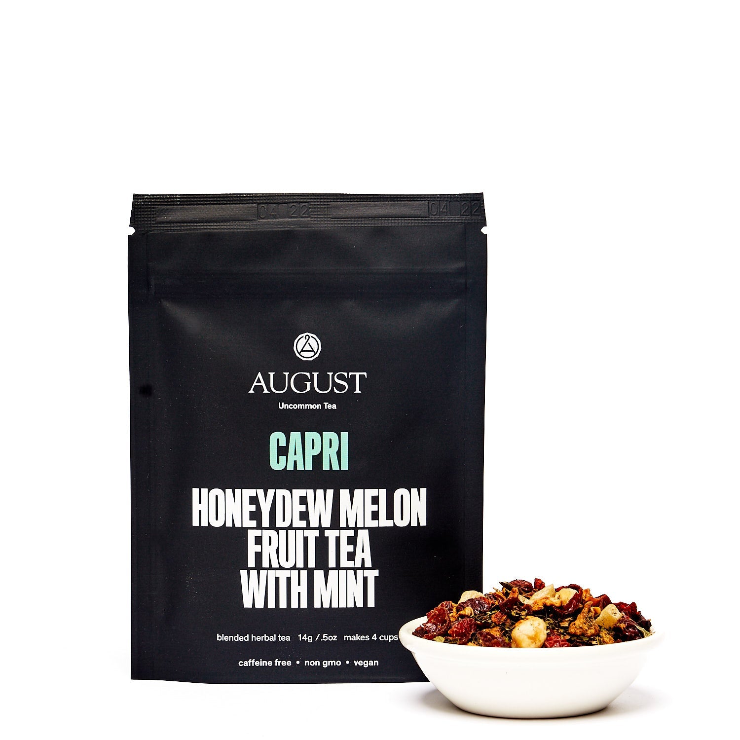 August Capri - Honeydew Melon Mint Tea (Caffeine Free) displayed in cups, showcasing the tea's color and packaging.