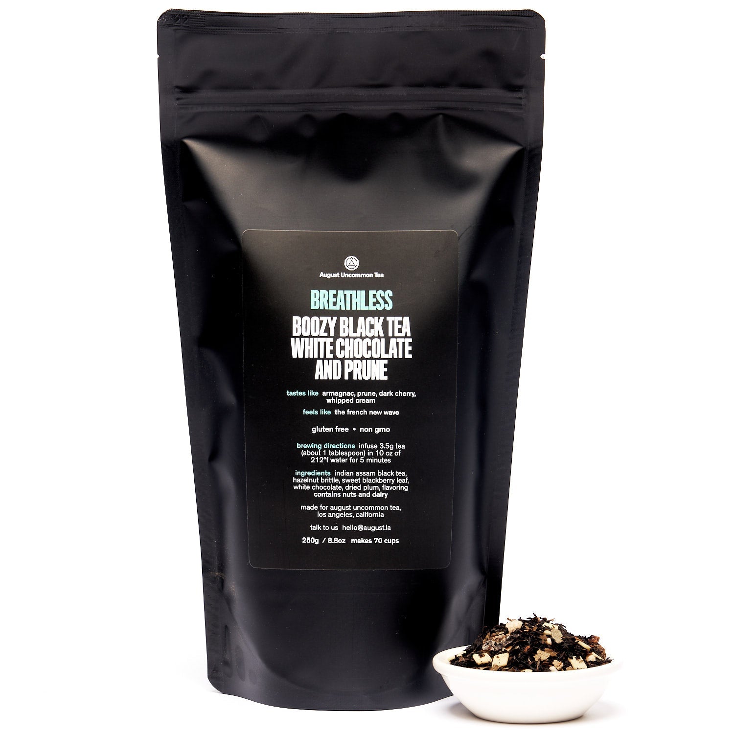 August Breathless - White Chocolate Plum Black Tea in a 70 cup bag, presented with packaging visible in the image.