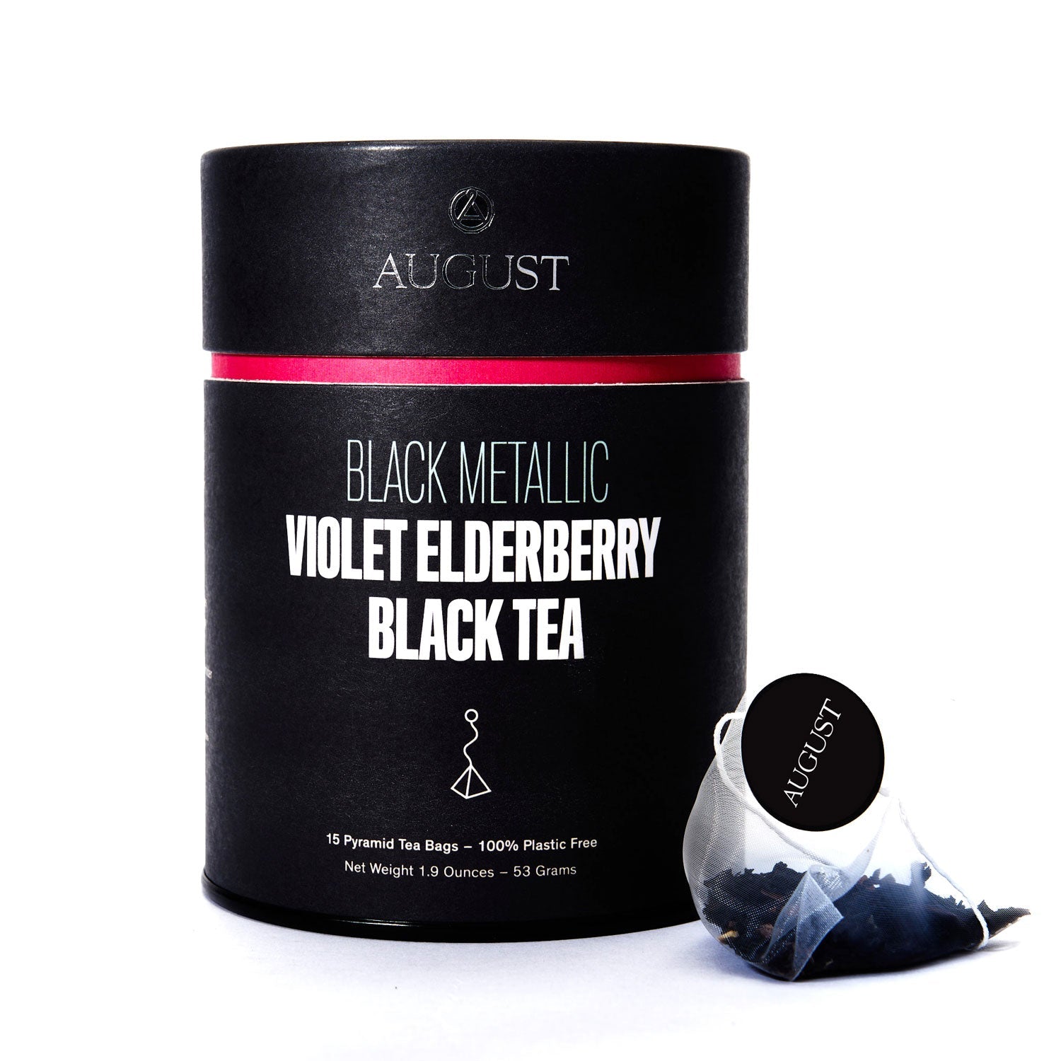 August Black Metallic - Violet Elderberry Black Tea (15 Tea Bags) in packaging featuring black tea bags and design elements.