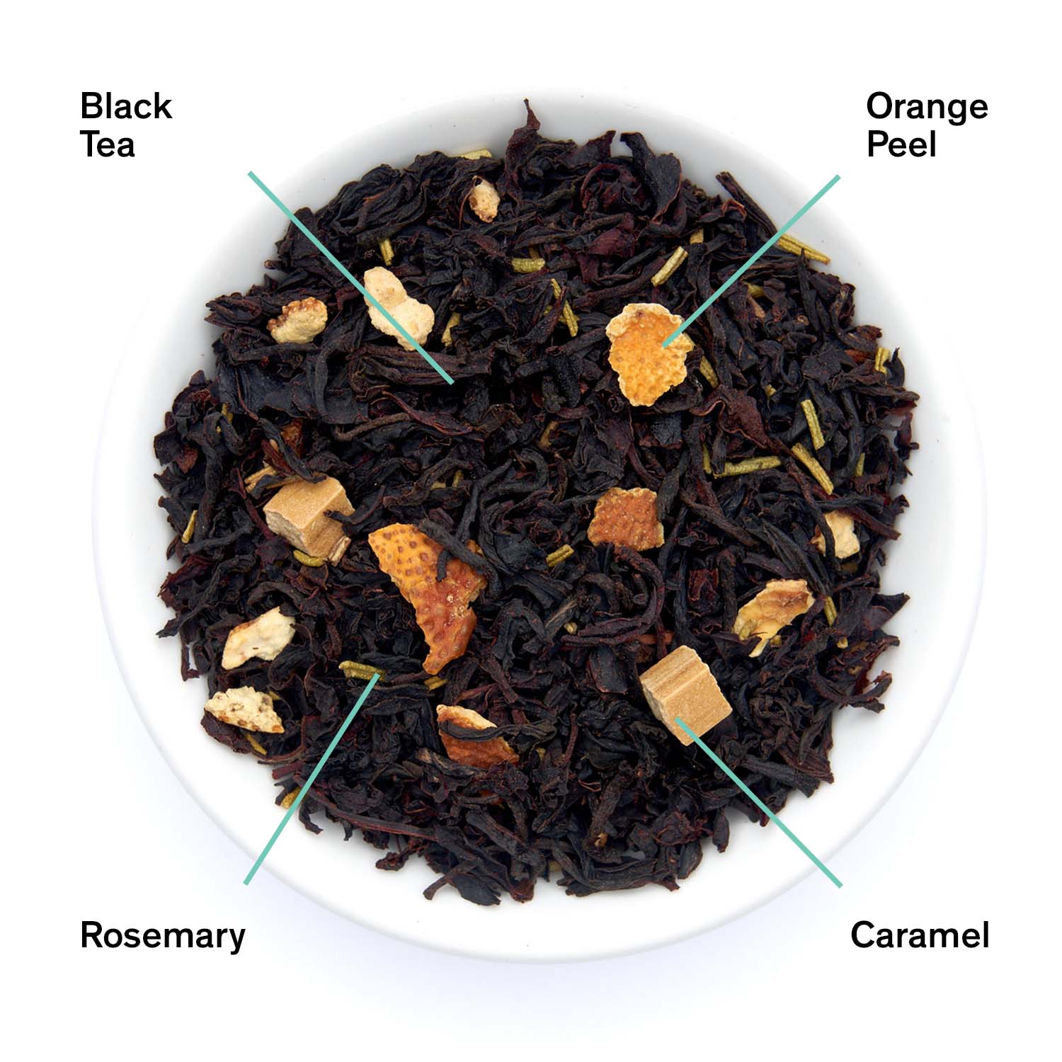 August Gold Rush - Orange Rosemary Caramel Black Tea by August, showing loose leaf tea with hints of orange peel and rosemary.