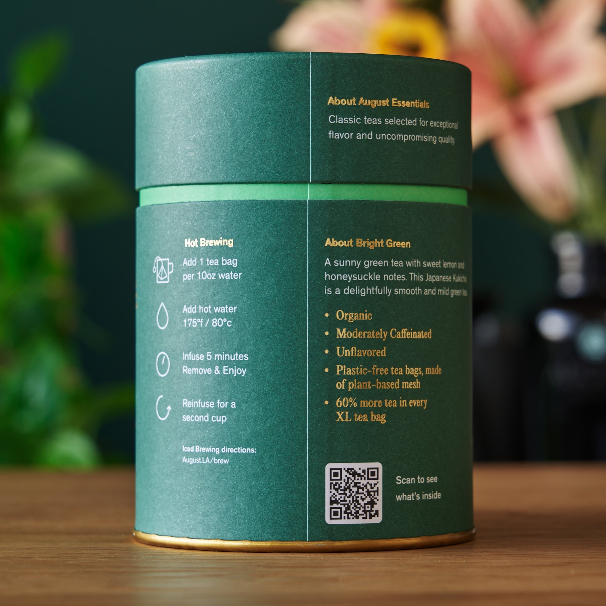 August Essentials Bright Green Green Tea - 15 Tea Bags packaging displayed, featuring bright green tea bags in a box by August.