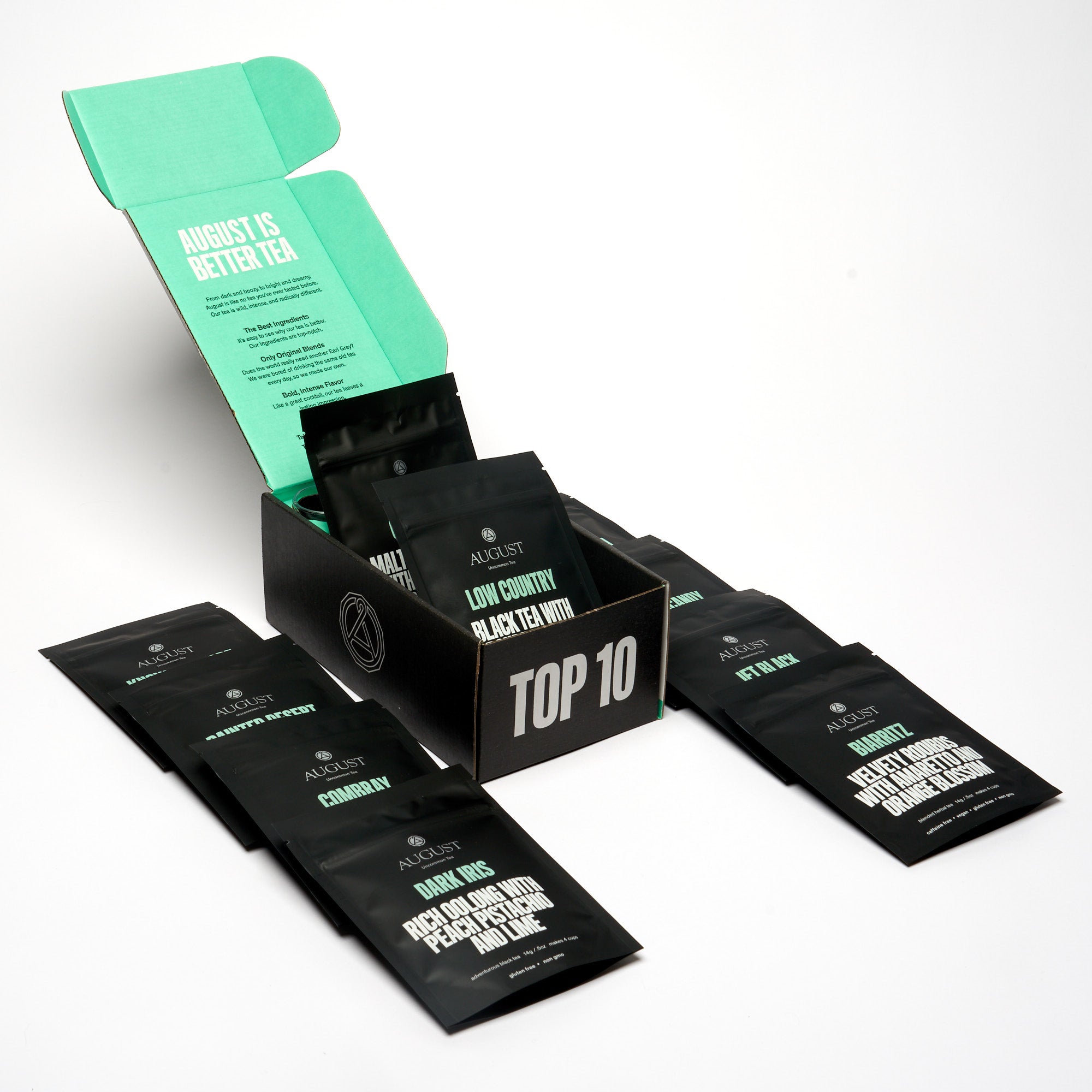 August Top 10 Sampler - Taste Ten Trending Teas in new packaging showcasing assorted tea varieties in a visually appealing layout.