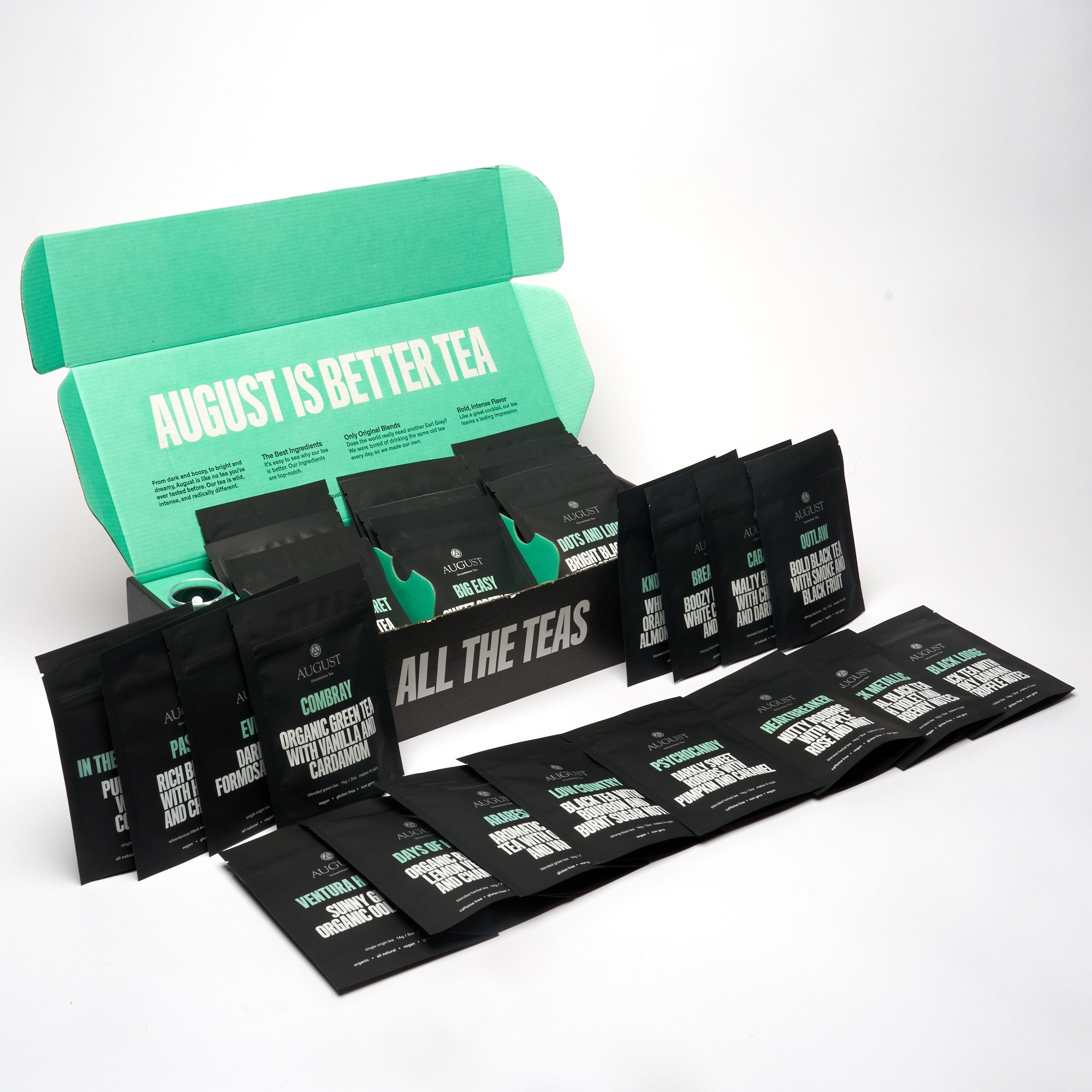 August All the Teas - Deluxe 30 Tea Sampler in new packaging, showcasing various tea flavors in a boxed set.