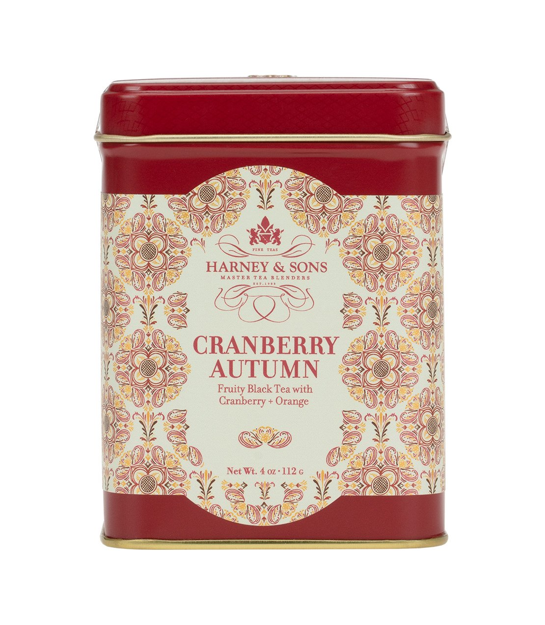 Harney & Sons Cranberry Autumn loose leaf tea in a 4 oz package, featuring autumnal cranberry blend.