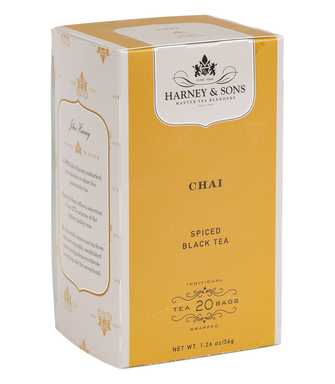 Harney & Sons Chai tea bags packaging with 20 premium chai tea bags from Harney & Sons displayed on a white background.