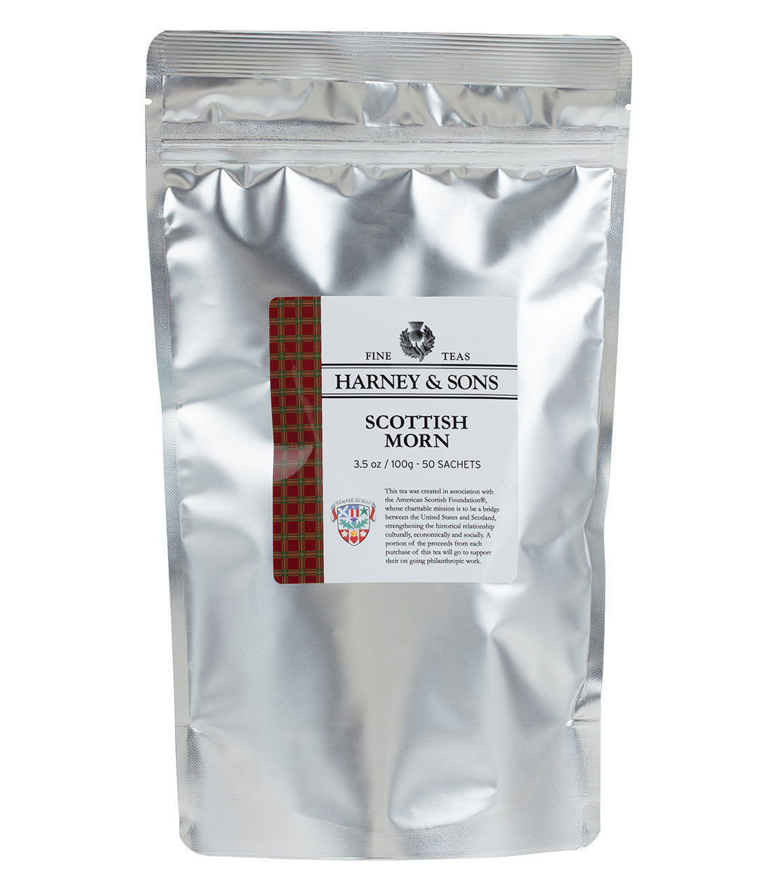 Harney & Sons Scottish Morn tea sachet bag with 50 tea bags, packaged in a decorative bag