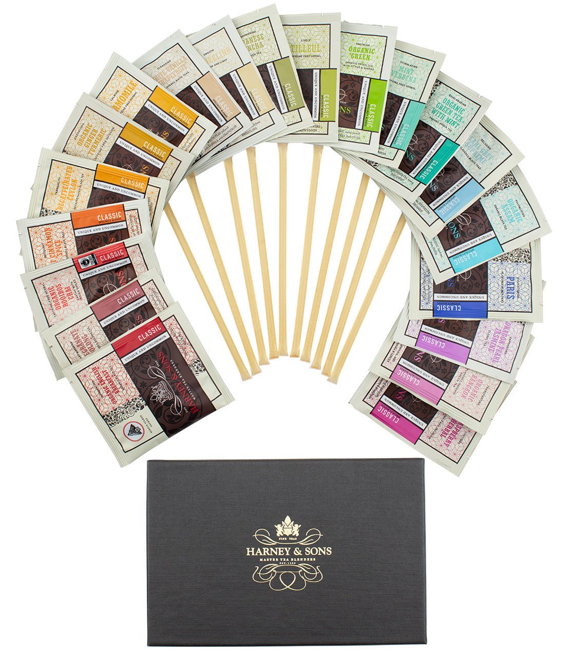 Harney & Sons Wrapped Sachet & Honey Sampler in a black and gold gift box, featuring 40 sachets and 10 honey sticks.